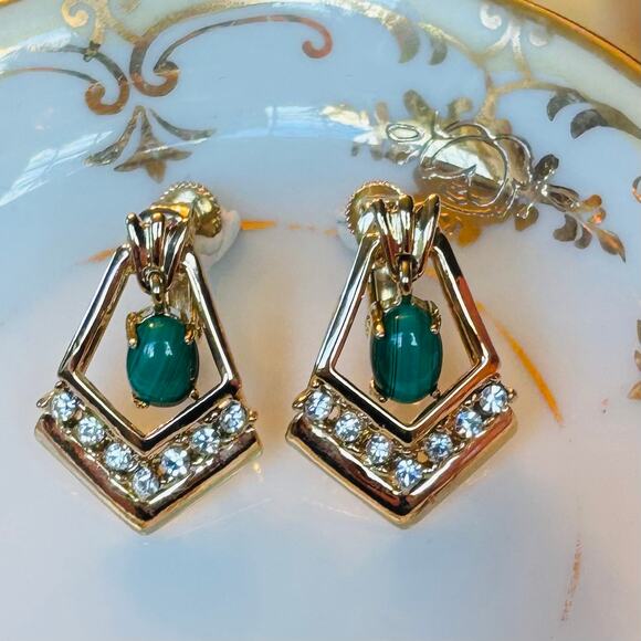 Vintage Green Moonglow Screw Back Rhinestone Clip On Earrings - Picture 2 of 4
